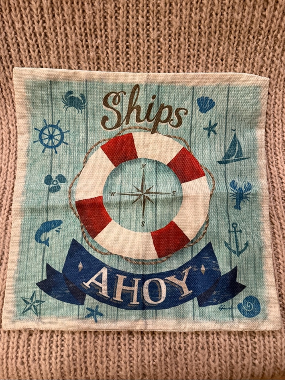 Ahoy Nautical pillowcase cover with Lifesaver and 'Ships' Script